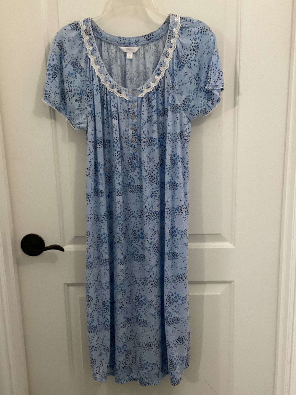 Secret Treasures Blue Floral Nightgown L 12-14 Lace Trim Short Sleeve Mumu Dress